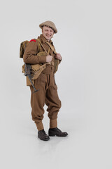 The man is an actor in vintage military uniform of the American soldier, period World War I, 1914-1918