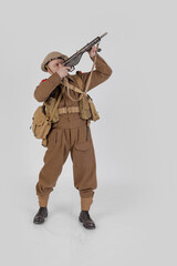 The man is an actor in vintage military uniform of the American soldier, period World War I, 1914-1918