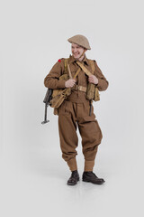 The man is an actor in vintage military uniform of the American soldier, period World War I, 1914-1918