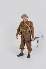 The man is an actor in vintage military uniform of the American soldier, period World War I, 1914-1918