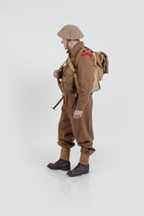 The man is an actor in vintage military uniform of the American soldier, period World War I, 1914-1918