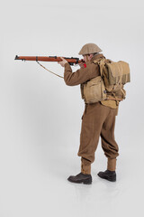 The man is an actor in vintage military uniform of the American soldier, period World War I, 1914-1918