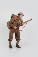 The man is an actor in vintage military uniform of the American soldier, period World War I, 1914-1918