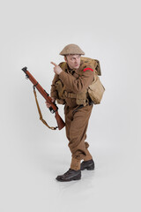 The man is an actor in vintage military uniform of the American soldier, period World War I, 1914-1918