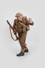 The man is an actor in vintage military uniform of the American soldier, period World War I, 1914-1918