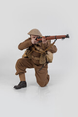 The man is an actor in vintage military uniform of the American soldier, period World War I, 1914-1918