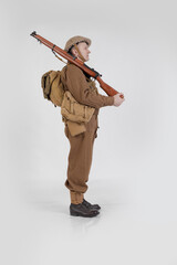 The man is an actor in vintage military uniform of the American soldier, period World War I,...