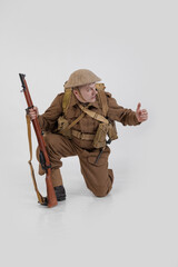 The man is an actor in vintage military uniform of the American soldier, period World War I, 1914-1918