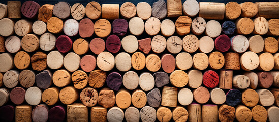 Aged wine corks lined up, once sealing in rich flavors. - obrazy, fototapety, plakaty