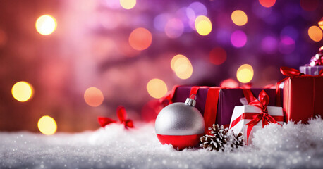 Fototapeta na wymiar Christmas gift boxes ins snowy decoration - AI generated