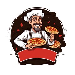 Emblem of man with pizza on white background. Logo. Free space for the name