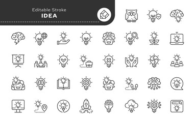 Set of outline icons. Series - Idea, business idea, glowing light bulb. Line web icon set. Concept vector icon.
