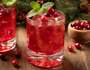 Cranberry cocktail with fresh cranberries and mint