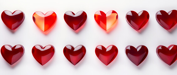 Bright red glass hearts on a white background. Top view. Flat lay. Banner for Valentine's Day.