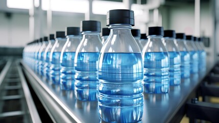 Automated production line with clear plastic drinking water bottles moving on a conveyor belt, with no brand labels attached, in a modern bottling factory.