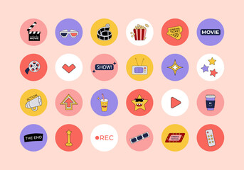 Cinema objects collection, round stickers, highlights covers in retro style. Templates icons y2k design for social media, story buttons. Movie elements, popcorn, mascot, film in 2000s. Vector