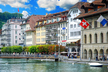 River Reuss, Jesuit Church and old town of Lucerne, Switzerland - obrazy, fototapety, plakaty
