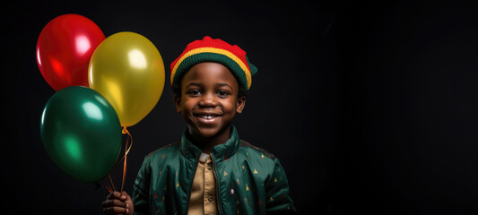 Black History Month concept. Handsome little African boy holding inflatable balloons Pan-African colors.