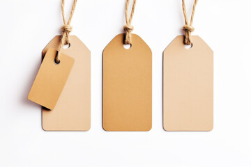 Set of three light brown cardboard hang tag for products or gift tag isolated on a white background.