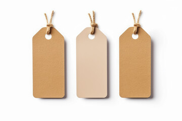 Set of three light brown cardboard hang tag for products or gift tag isolated on a white background.