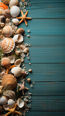 Realistic photo. summer banner with sea shells and sand on rustic wooden ground. AI generative