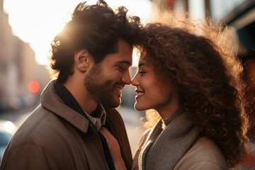 Generative AI portrait of cute cheerful couple walking in the city enjoying romantic feelings