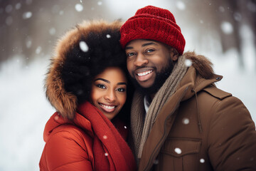 Fototapeta premium Generative AI portrait of a cheerful beautiful sweet couple cuddling and enjoying romantic feelings on winter snowy day outdoor