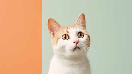 Close-up photo of a white-orange cat with sparkling round eyes. Isolated on pastel green-orange background.