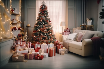 Beautifully decorated Christmas tree with many present boxes in living room on occasion of New Year and Christmas holidays.