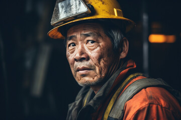 Fototapeta premium Generative ai technology portrait of mine worker wearing helmet extracting coal resources dirty face