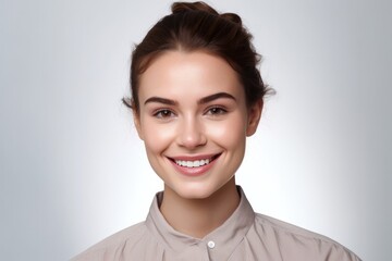 Fototapeta premium Young beautiful brunette woman with short hair and toothy smile on white background, looking at camera, close up portrait.