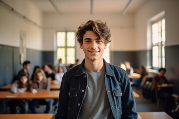 Photography of confident intelligent student with brown hair in classroom educational environment background generated by AI - obrazy, fototapety, plakaty