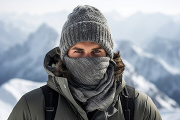 Fototapeta na wymiar Happy young person wearing warm winter hiking clothes climbing high peak mountain Generative AI picture