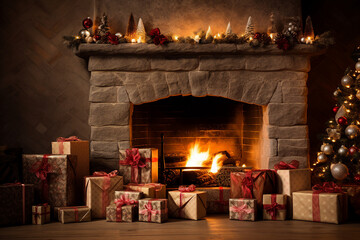 Image generative AI picture of cozy room christmas atmosphere burning fireplace and new year gifts - Powered by Adobe