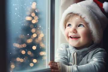 AI generated photo image of adorable cute baby looking out of the window waiting new year magic time