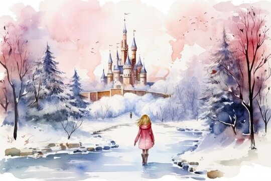 little girl walk to big pink castle in winter watercolor illustration