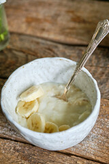 Rice pudding with milk and banana.