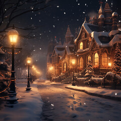 Christmas night in the city, christmas mood. A street filled with lots of snow covered buildings, beautiful render of a fairytale, cinemathic lights. Perfect for postcards and holiday designs - 676376859