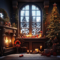 Interior Christmas, cozy Christmas scene with a fireplace and a christmas magic glowing tree, gifts in dark. Perfect for postcards and holiday designs