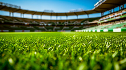 Grass on stadium in sunny day. Closeup of a green football field.