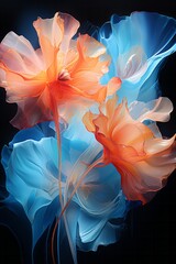 Four Beautiful Abstract Blue and Orange Flowers Blooming on a Dark Canvas.