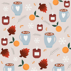 Winter seamless pattern background with oranges and cacao.