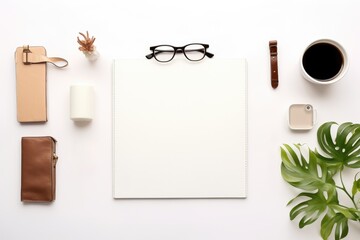White empty blank mockup with glasses, coffee and green plants