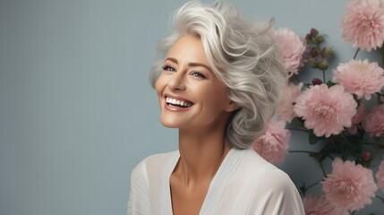 Confident elderly senior model with grey hair and makeup, mature happy smiling female lady with flowers in close-up portrait | Generative AI