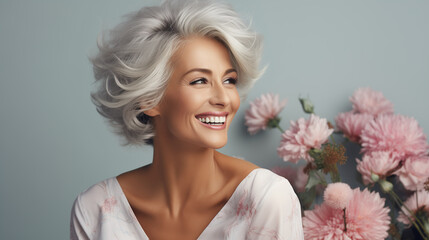 Confident elderly senior model with grey hair and makeup, mature happy smiling female lady with flowers in close-up portrait | Generative AI