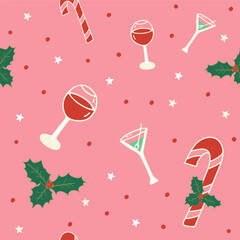 Christmas Seamless Pattern with Party Drinks and Candy Canes