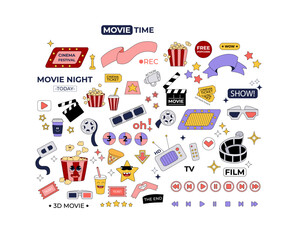 Set of movie, cinema design elements in  groovy style. Illustration for stickers, labels, tags, patches. Film, popcorn character, ticket, tv, 3d glasses. Hand drawn cartoon 2000s y2k. Vector