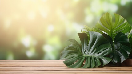 Empty wooden tabletop with tropical monstera leaves plants.