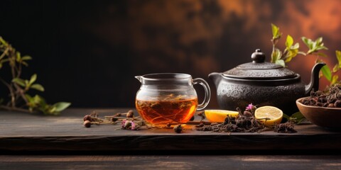 international tea day, cast iron teapot, a cup of hot tea with spices next to lemon halves on a wooden table, banner