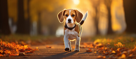 A lone beagle waits patiently on a leash outside. - obrazy, fototapety, plakaty